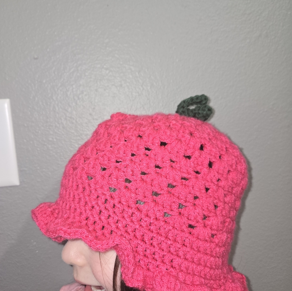 Girl's Raspberry Crochet Bucket Hat - Picture 13 of 15